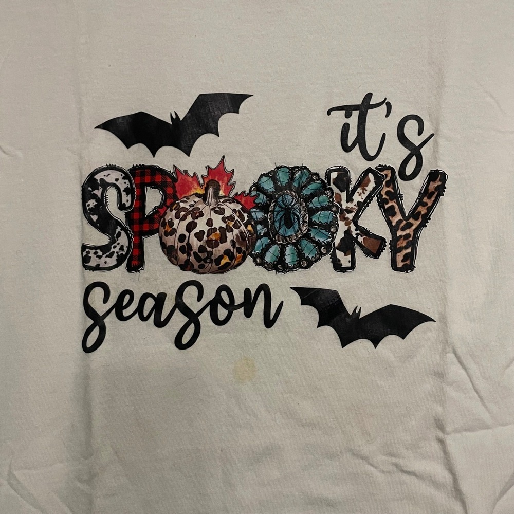 It's Spooky Season Graphic T-Shirt White Small Halloween Pumpkinā Bats Cotton